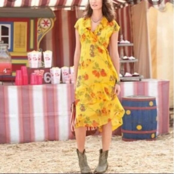 Sundance Womens Golden Yellow Floral Faux Wrap Ruffle Silk Dress Size Petite 2 - Picture 1 of 6